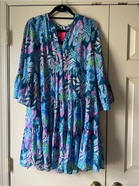 Lilly Pulitzer Blue Floral Midi Dress with Pink & Green Accents